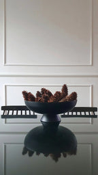 Decorative bowl with pine cones on a reflective surface against a white paneled wall.