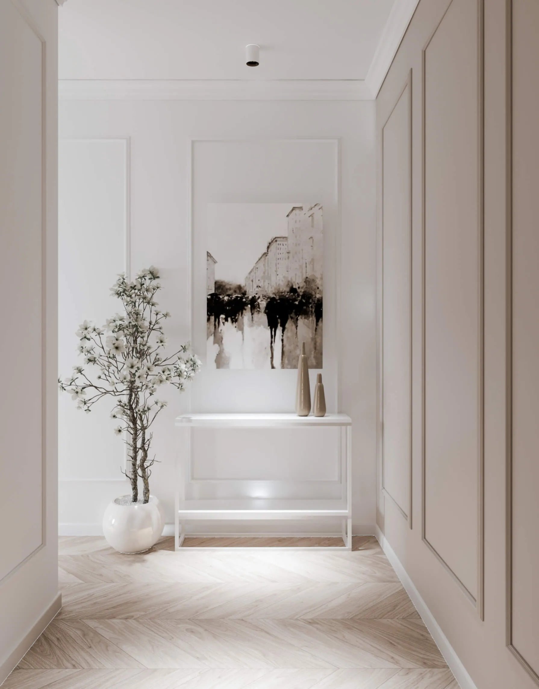 Modern panelled hallway with abstract art, a plant, and a white console table.
