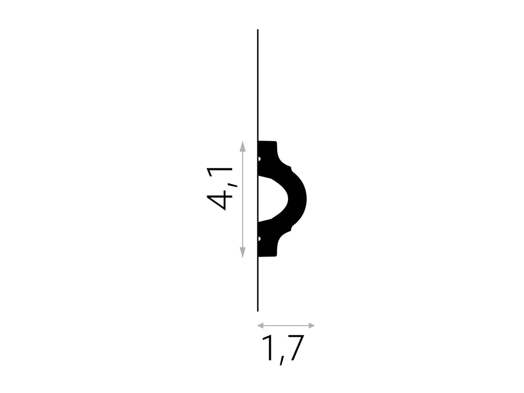 Black silhouette of a circular object with measurements on a white background
