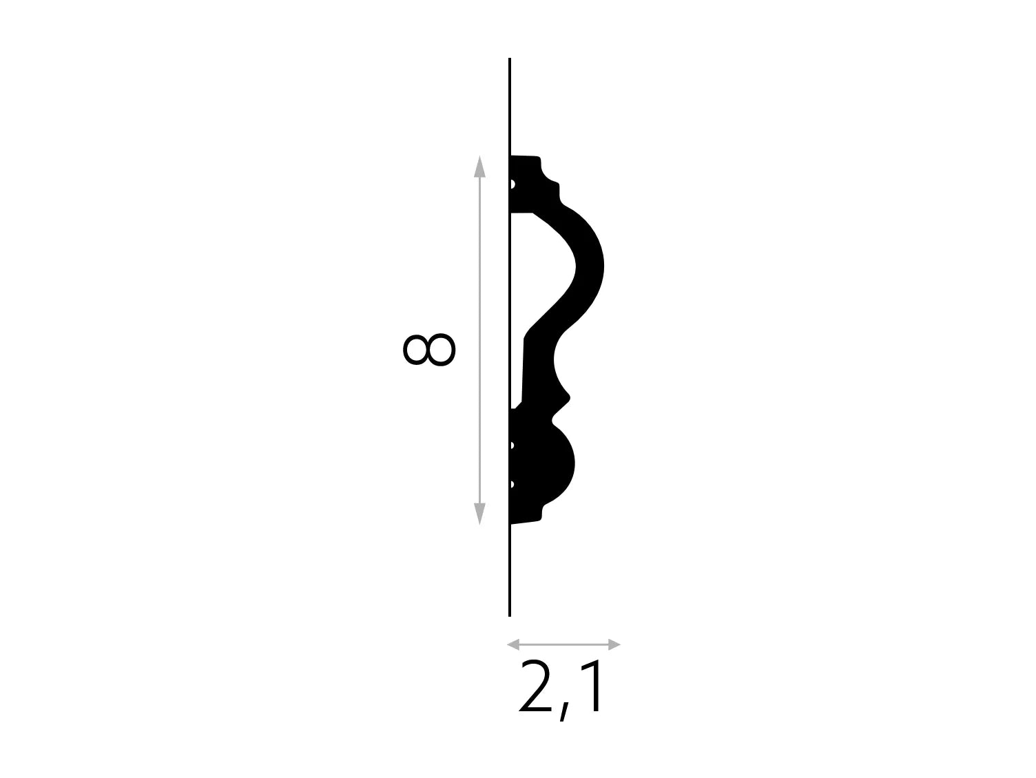 Black silhouette of a decorative element with measurements on a white background