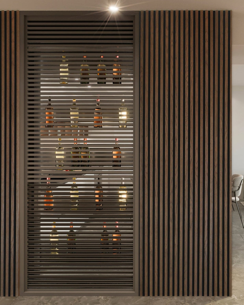 Bottle display behind a slatted wooden panelling in a modern interior setting.