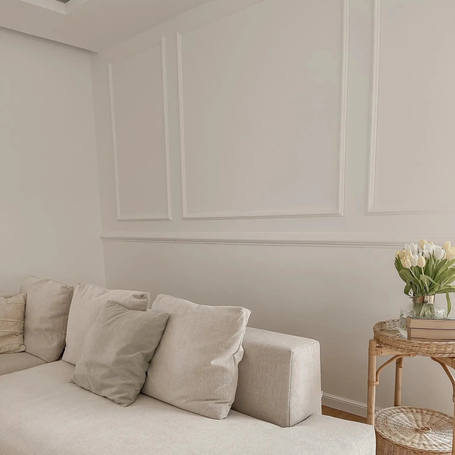 Beige sofa with cushions in a room with a light-colored panelled wall and wooden floor.