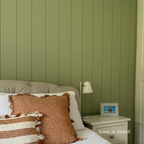 Bedroom with green mdf paneled wall, brown and white pillows, and a nightstand with a lamp and photo frame.