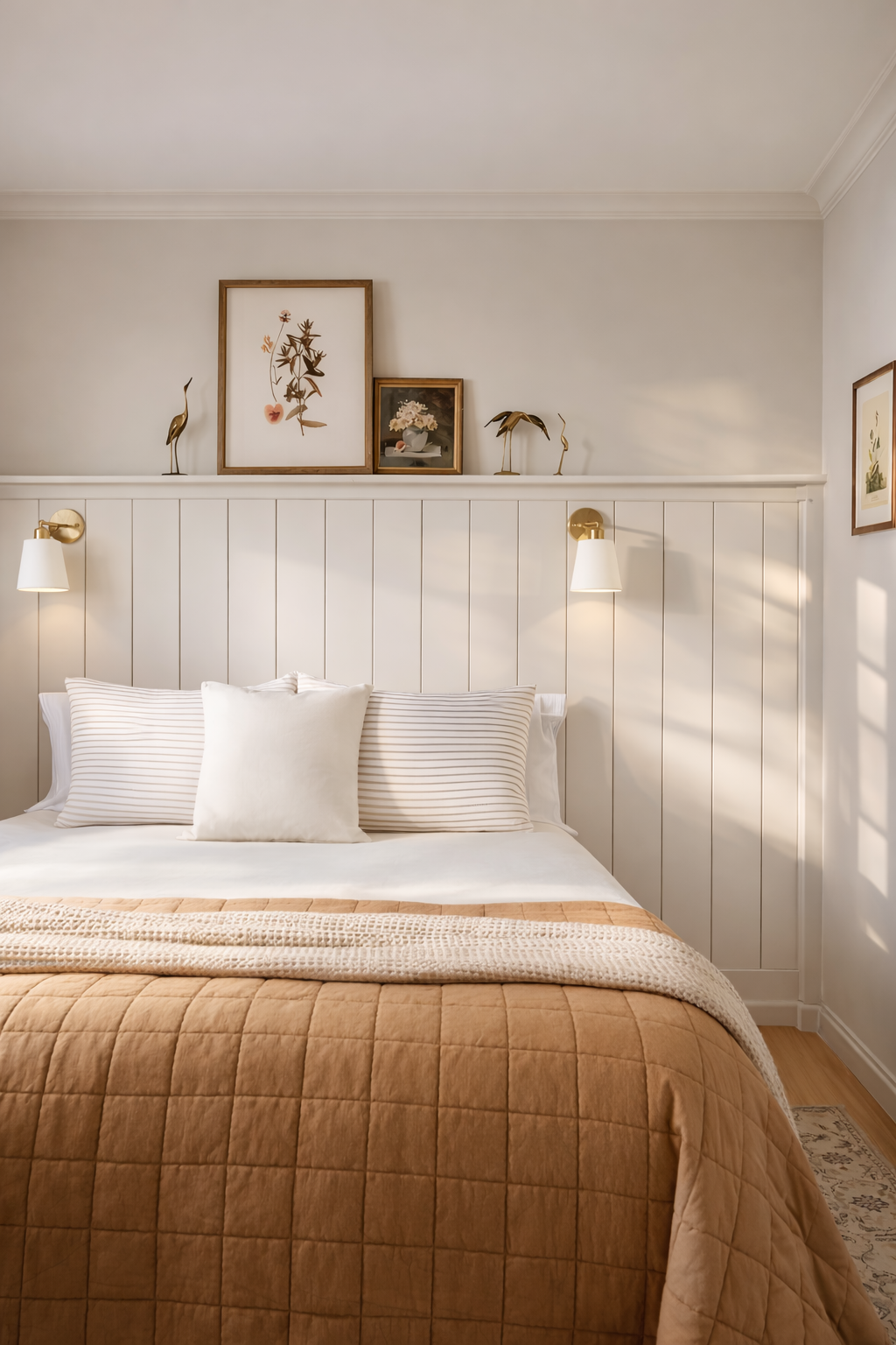 Bedroom with wall panelling white bedding, and wall art