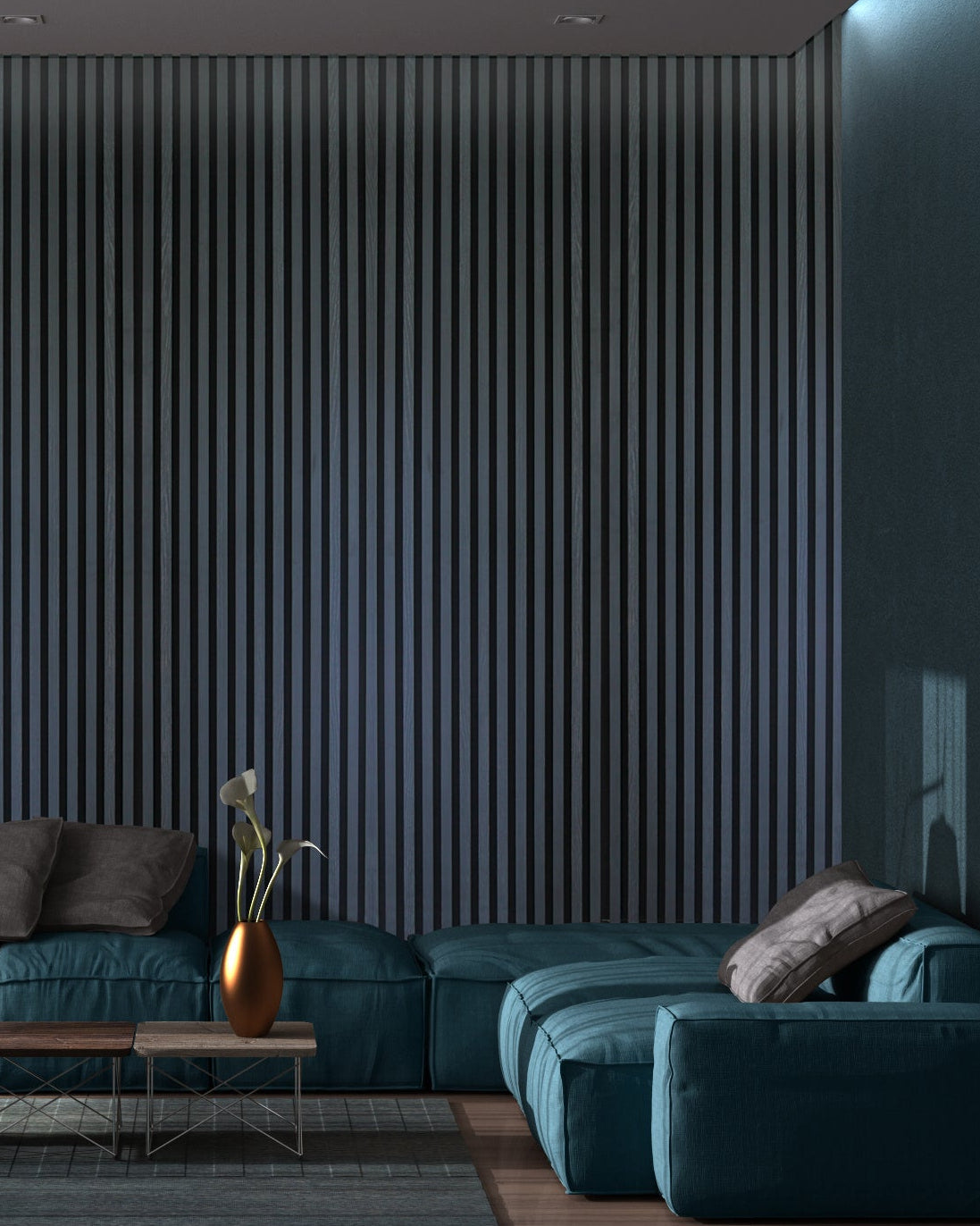 Modern living room with teal sofa and charcoal acoustic panelling