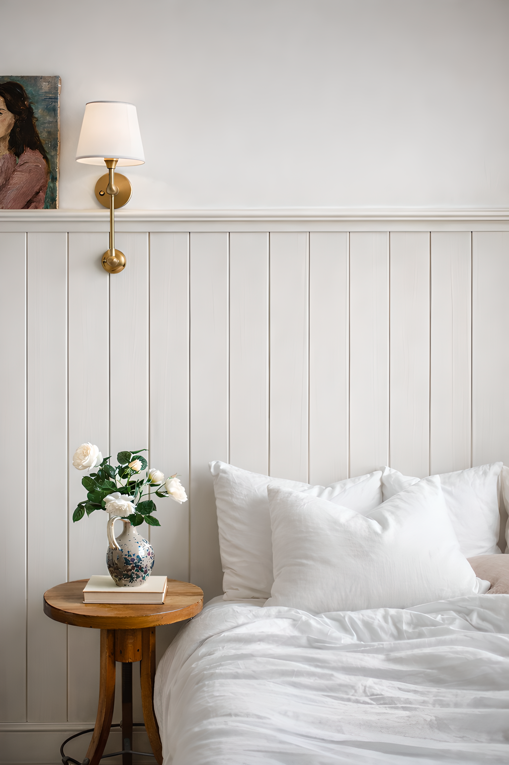 Bedroom with white bedding, half height v groove panelling, a small round table with flowers, and a wall-mounted lamp.