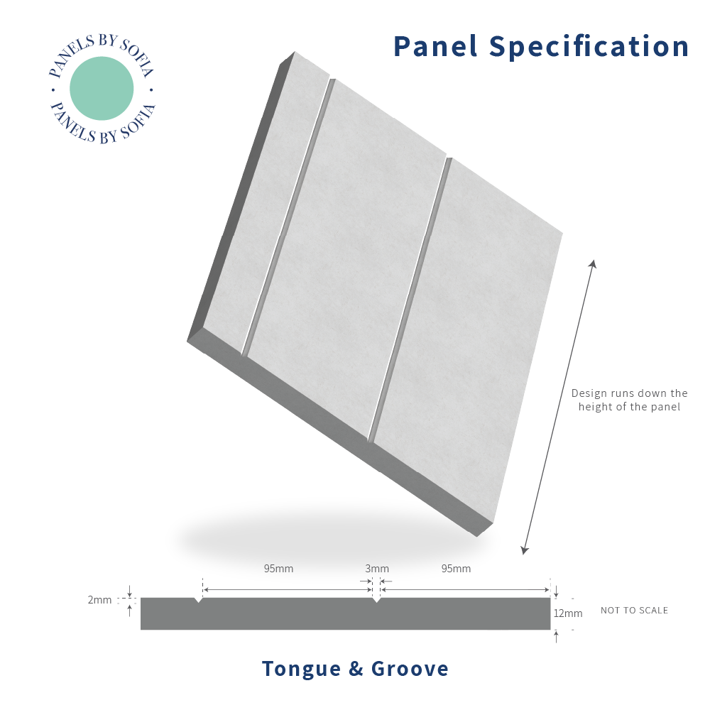 Panel specification diagram with dimensions and tongue & groove details on a white background