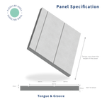 Panel specification diagram with dimensions and tongue & groove details on a white background