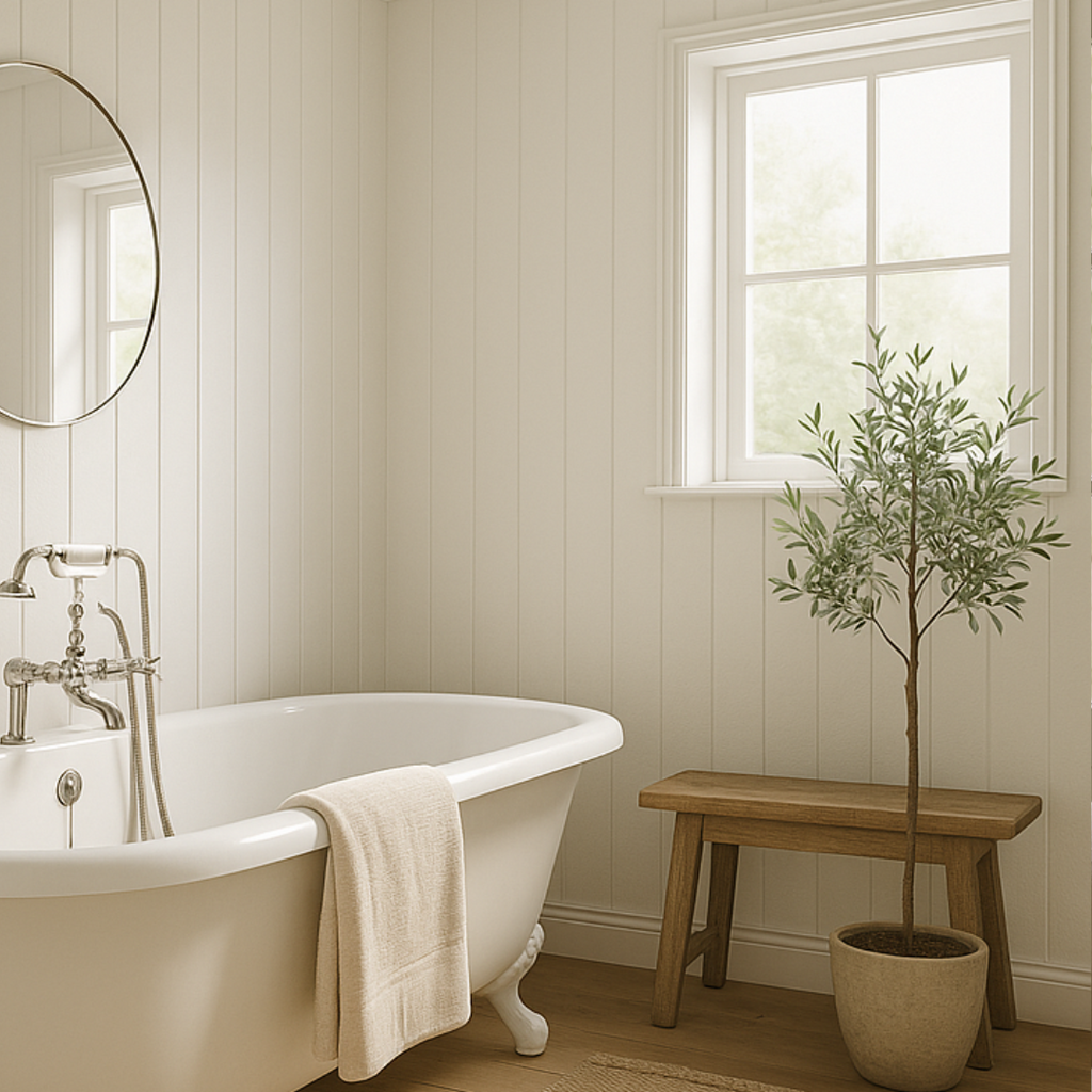 Bathroom with white tongue and groove panelling, a freestanding bathtub, wooden stool, and potted plant.