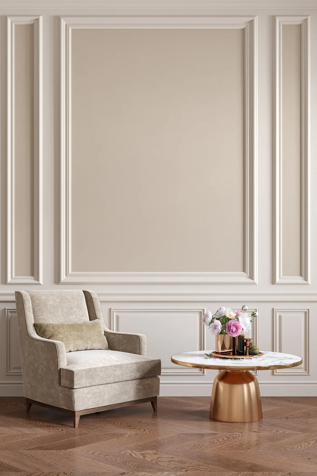 Elegant armchair with a small round table against a wall with decorative molding