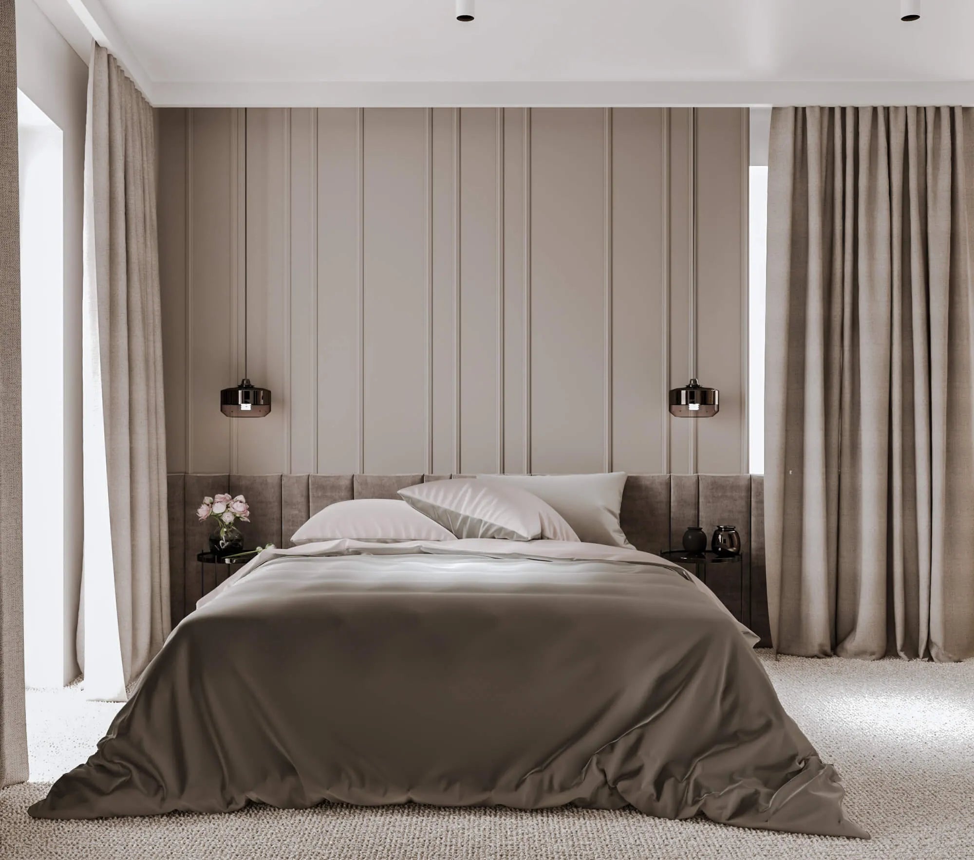 Modern bedroom with wall panelling, a bed, headboard, and decorative elements.