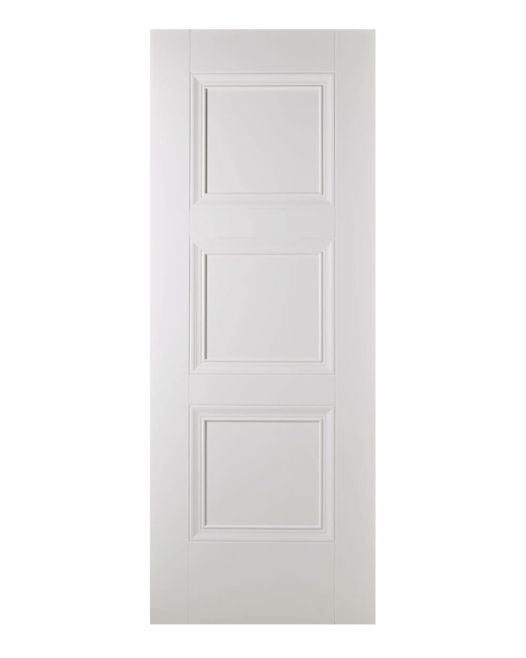 White door with three rectangular panels on a white background