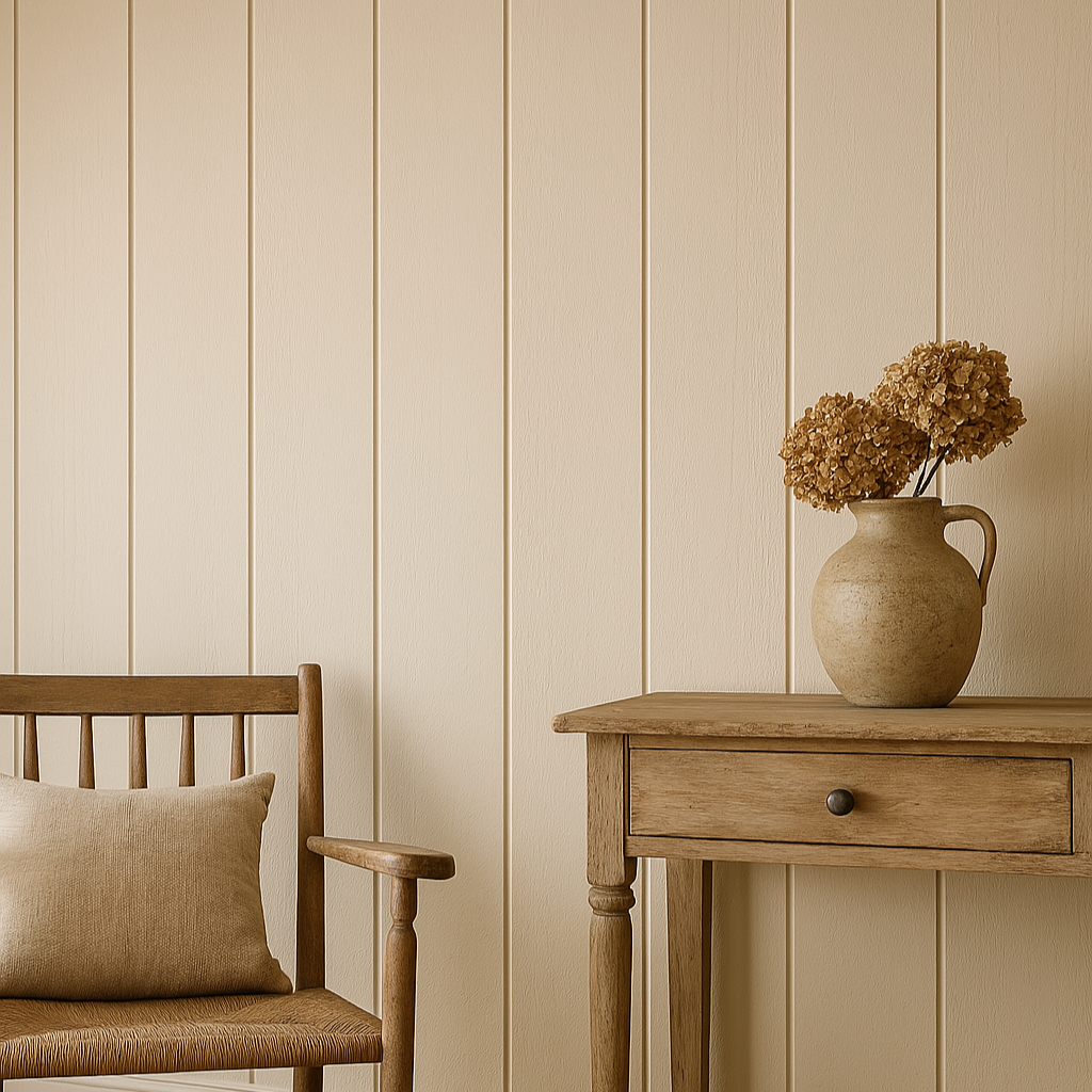 A neatly arranged room featuring Wide Tongue & Groove Wall Panels with vertical grooves on a chair and wall, a wooden table, and a vase with dried flowers.